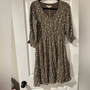 Floral Tiered‎ Dress Brown Cottagecore Romantic Midi 3/4 Sleeve Size Small